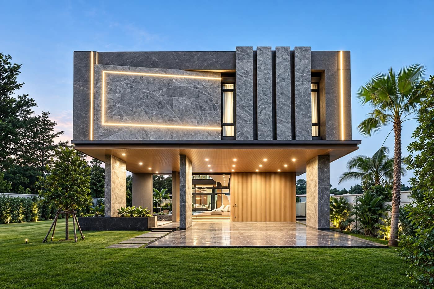 Exterior of The Sylva Luxury Pool Villa at dusk, Pattaya