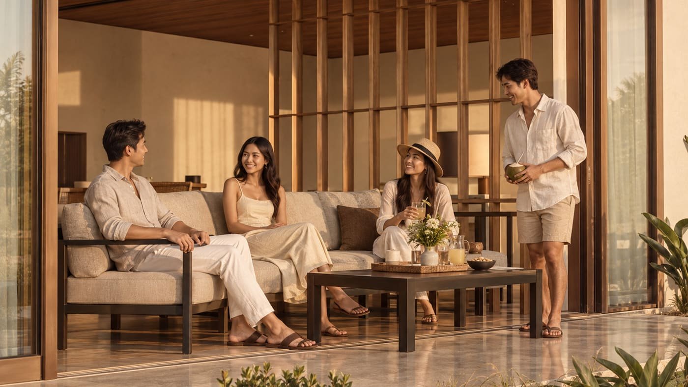 Guests relaxing on the patio of a private pool villa